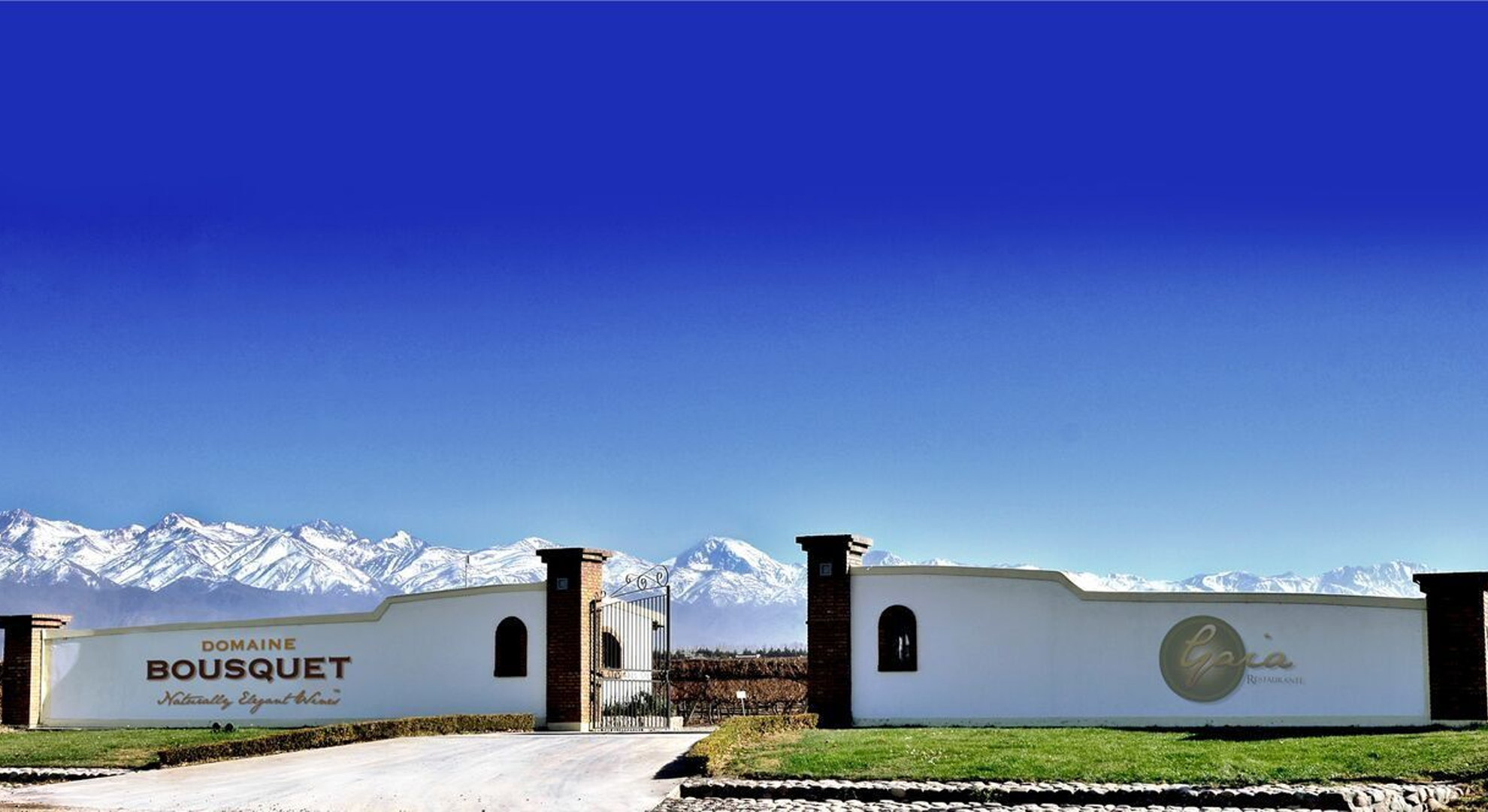 Landscape image of the front gates of Domaine Bousquet, with mountains and a blue sky.